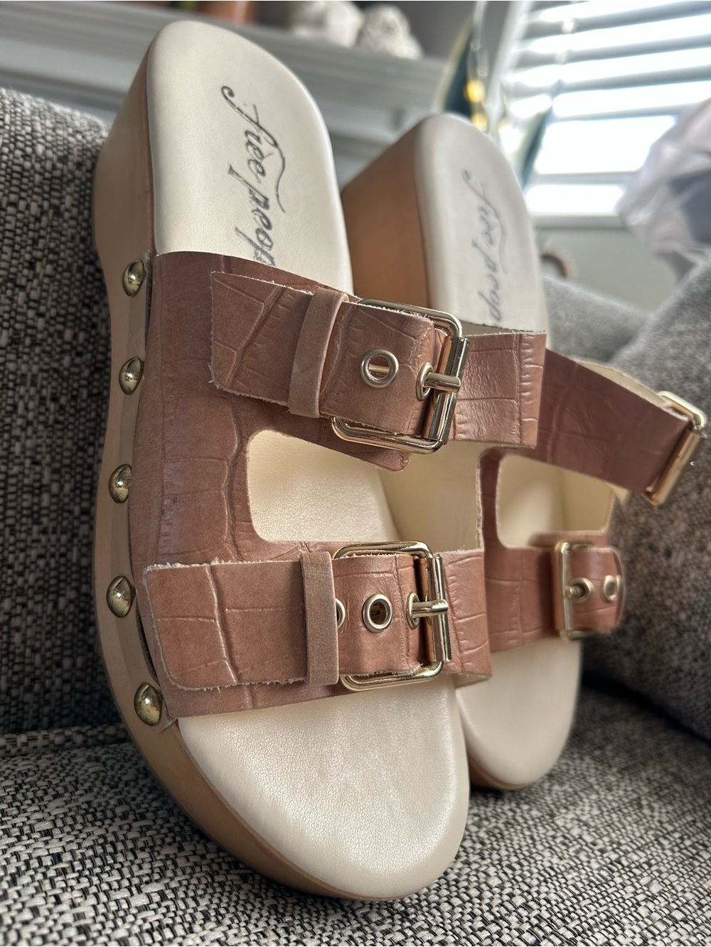 Seychelles Pink-Tan Croc Embossed Dual Buckle Slide Clogs
